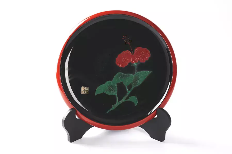 琉球漆器 飾り皿 ハイビスカス柄